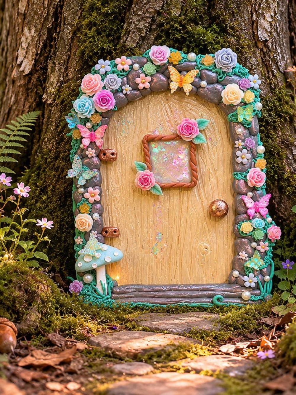 Handmade Fairy Door with Pastel Floral & butterfly Accents
